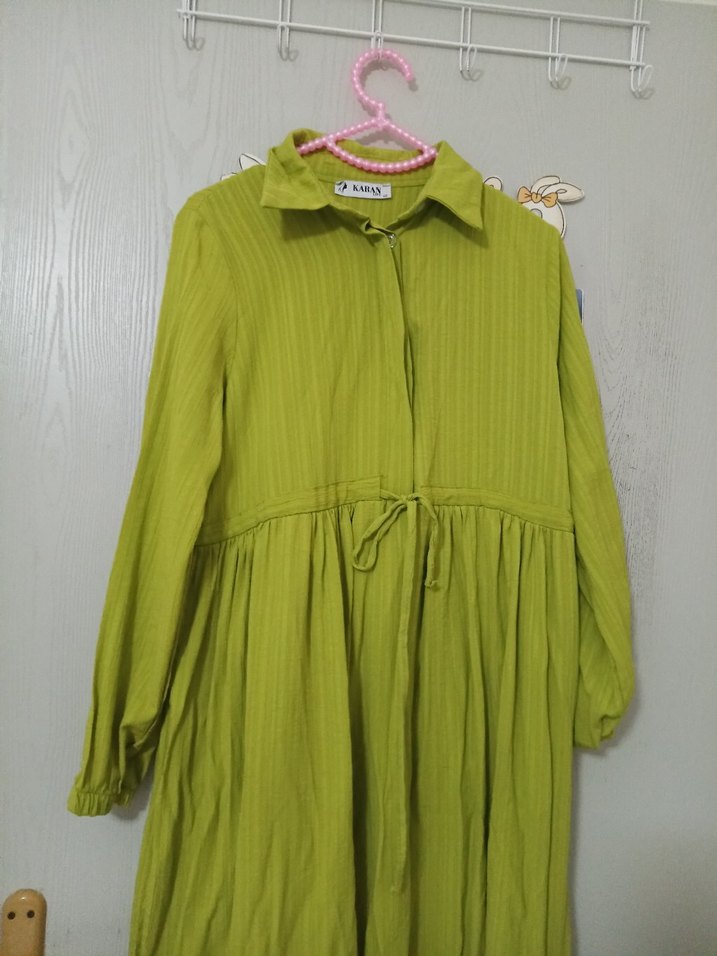 Yeşil Uzun Kollu Pliseli Keten Elbise - Görsel 5