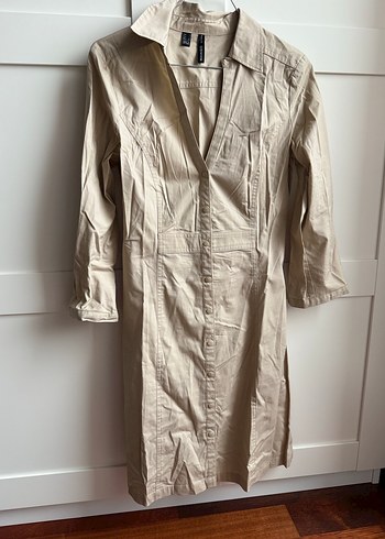 Bej Uzun Kadın Gömlek Elbise - Görsel 3