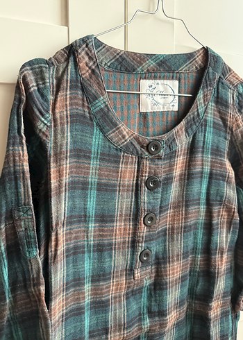 Düğmeli Uzun Kollu Bohem Kareli Tunik - Görsel 3