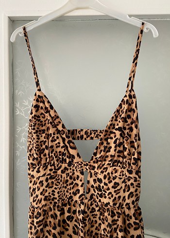 xxl Beden kahverengi Renk Leopar Desenli Tatil Stil Askılı Midi Elbise