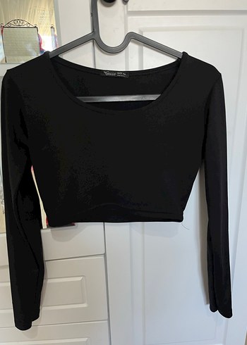 Siyah Uzun Kollu Basic Crop Bluz