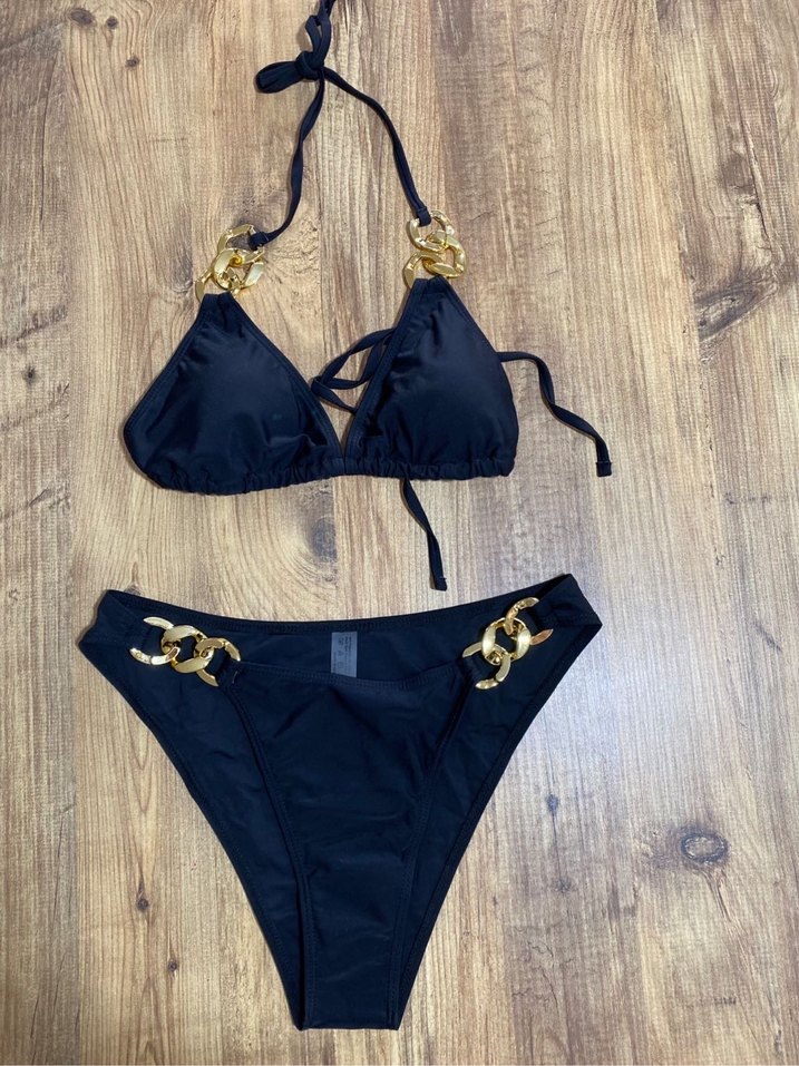 Zincir Detaylı Siyah Mini Bikini M beden - Görsel 2