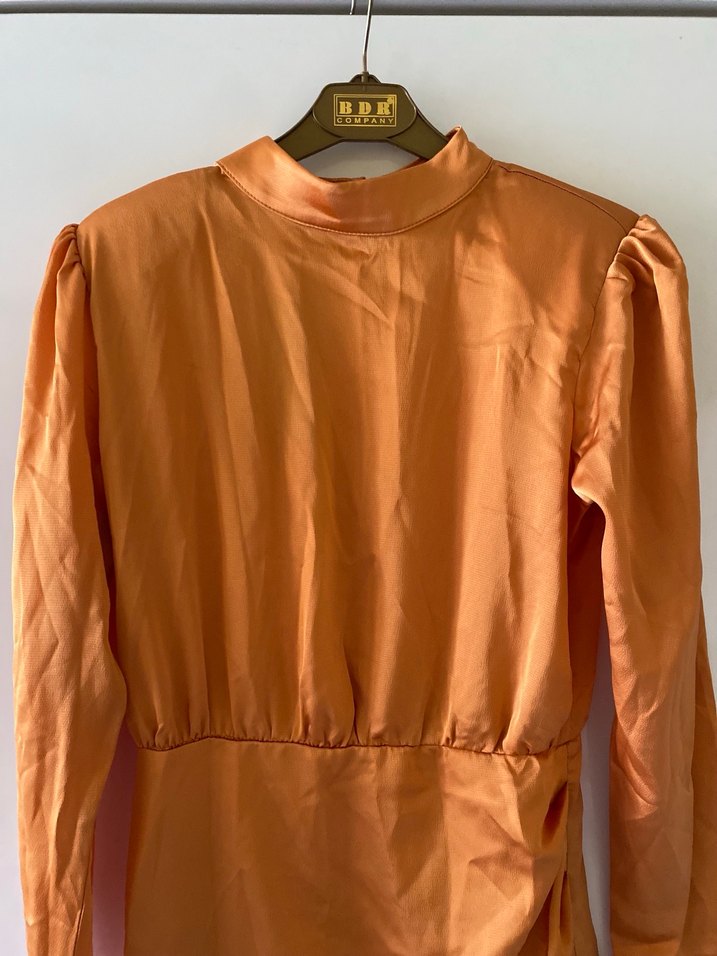 Bej Parlak Midi Drapeli Kadın Elbise - Görsel 3