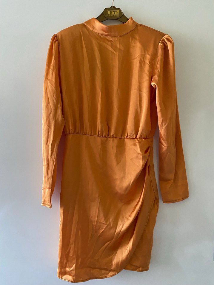 Bej Parlak Midi Drapeli Kadın Elbise - Görsel 4