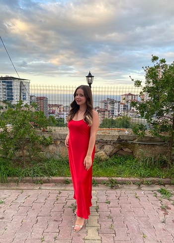 Drapeli Kırmızı Uzun Abiye Elbise