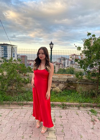 Drapeli Kırmızı Uzun Abiye Elbise