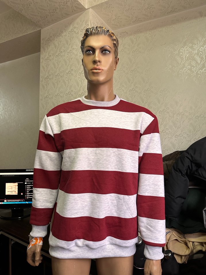 Bordo Gri Çizgili  Sweatshirt - Görsel 3