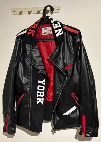 Erkek Siyah Kırmızı Biker Deri Ceket Vintage Style
