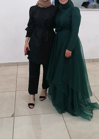Uzun Kollu Drapeli Yeşil Tesettür Elbise - Görsel 2