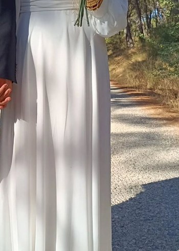 Abiye Beyaz Uzun Kol Drapeli Tesettür Elbise