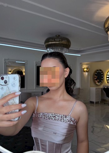 Pudra Pembe Straplez Drapeli Midi Abiye Elbise - Görsel 3