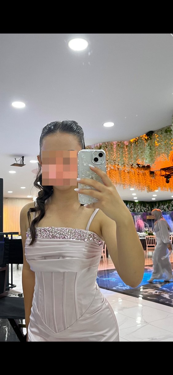 Pudra Pembe Straplez Drapeli Midi Abiye Elbise - Görsel 2