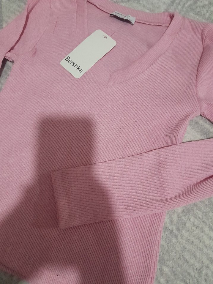 Pembe V Yakalı Kadın Triko Kazak - Görsel 3