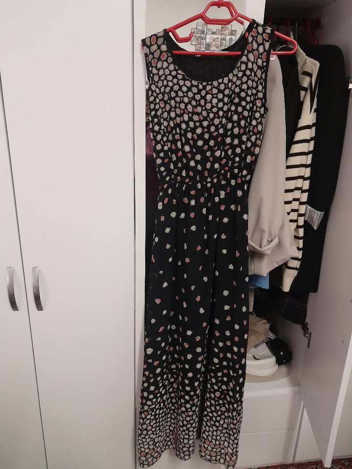 Desenli Siyah şifon Elbise - Görsel 3