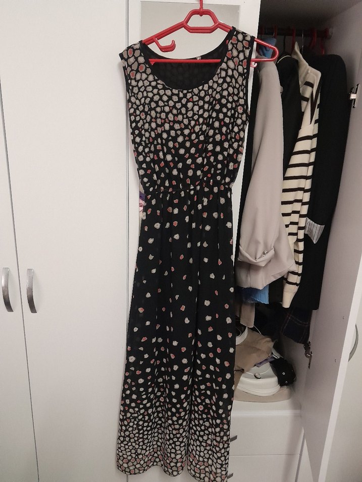 Desenli Siyah şifon Elbise - Görsel 2