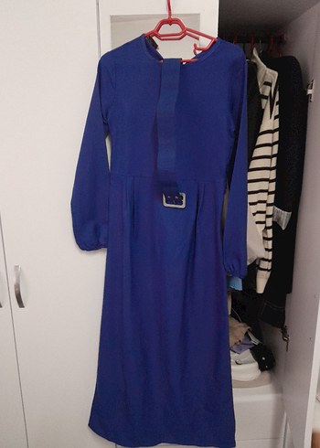 Uzun Kollu Lacivert Kemerli Elbise - Görsel 4