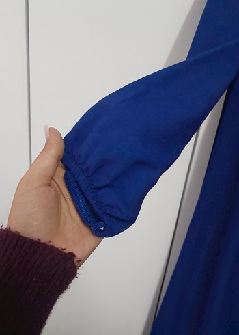 Uzun Kollu Lacivert Kemerli Elbise - Görsel 3