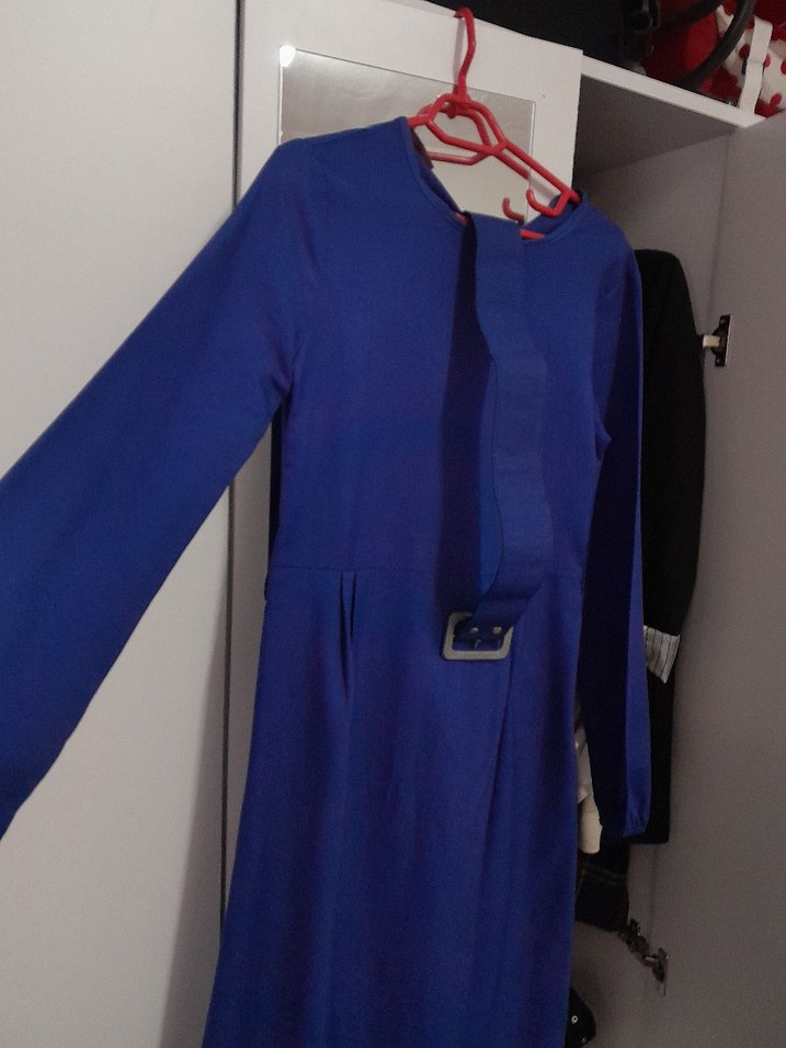 Uzun Kollu Lacivert Kemerli Elbise - Görsel 2