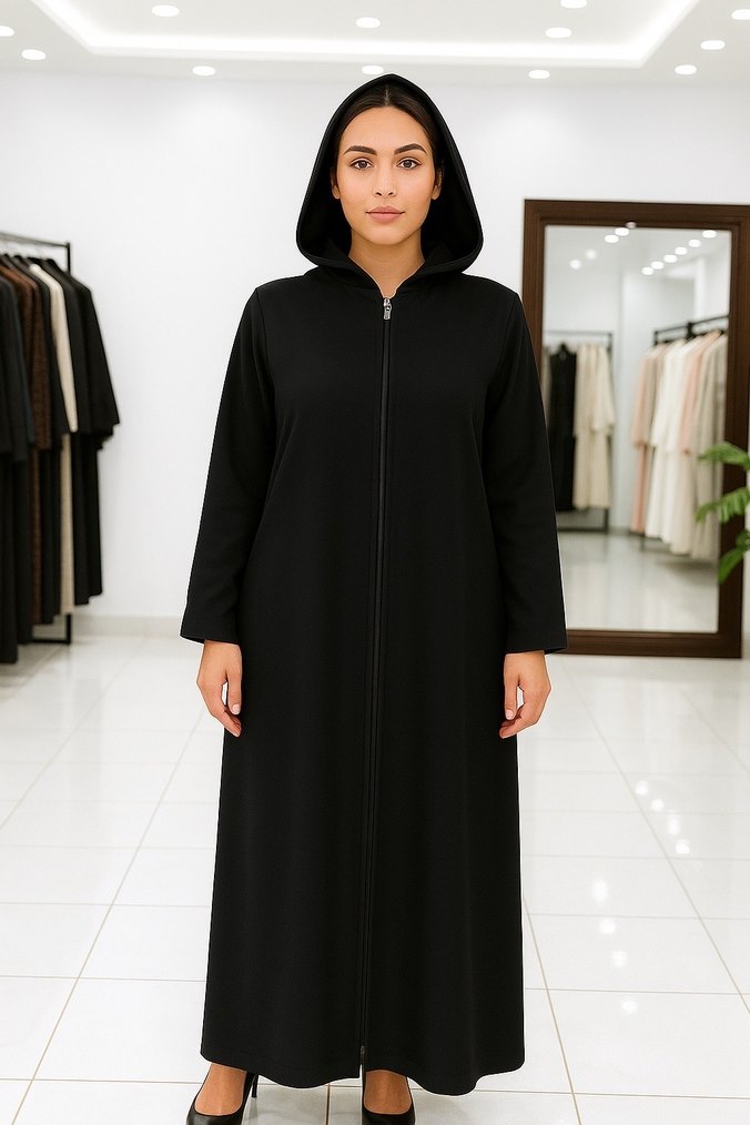 Kapüşonlu Siyah Ekose Kadın Uzun Elbise - Görsel 2