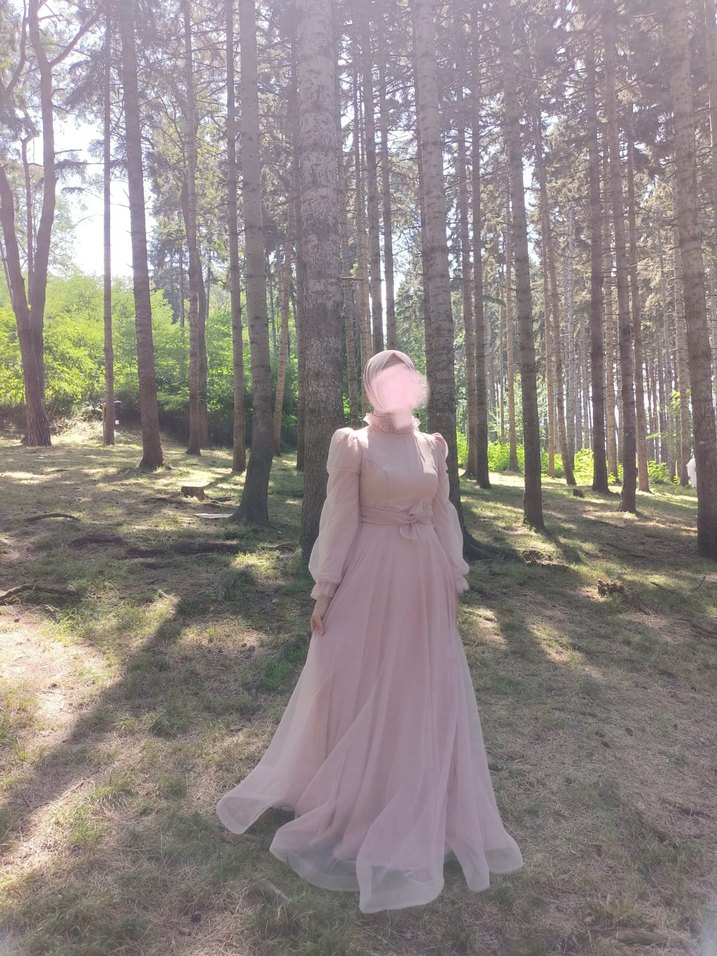 Uzun Kollu Pastel Mor Drape Detaylı Elbise Şal Hediye - Görsel 2