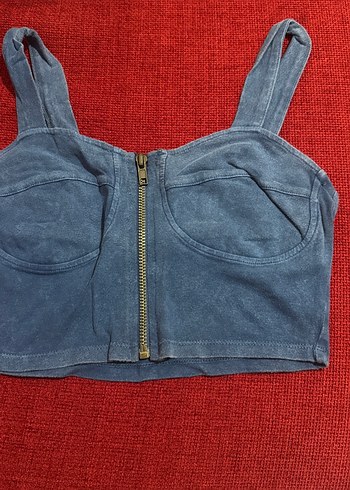 Fermuarlı Mavi Denim Büstiyer - Görsel 2