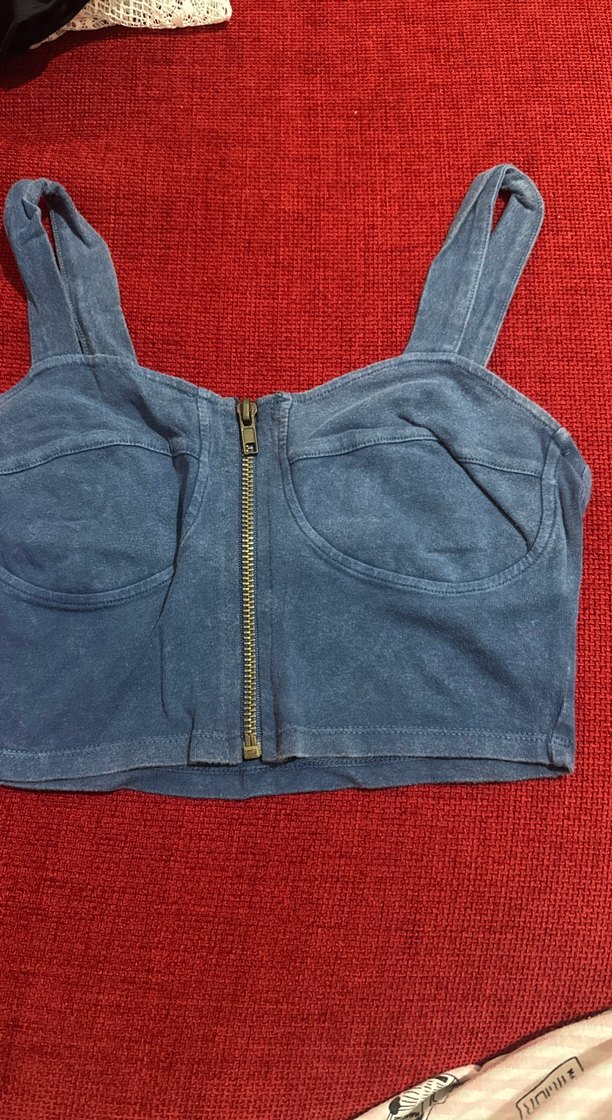 Fermuarlı Mavi Denim Büstiyer - Görsel 2