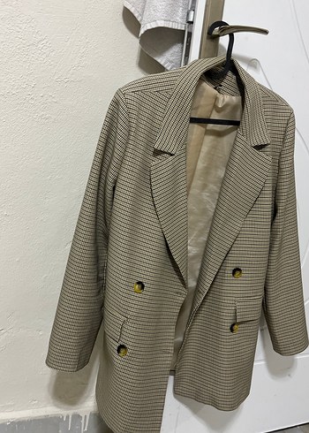 m Beden Düğmeli Bej Kareli Midi Blazer