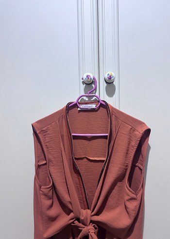 Kahverengi V Yaka Kolsuz Midi Keten Yelek - Görsel 2