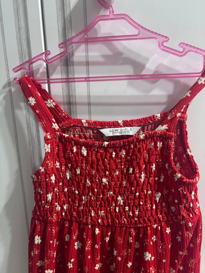 Kız Çocuk Kırmızı Askılı Fırfırlı Elbise - Görsel 2