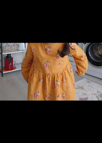 Sarı Çiçek Desenli Uzun Kollu Kız Elbise - Görsel 2