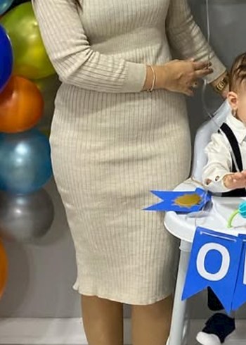 Bej Uzun Kollu Triko Kadın Elbise - Görsel 5