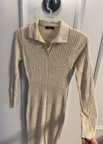 Bej Uzun Kollu Triko Kadın Elbise - Görsel 2