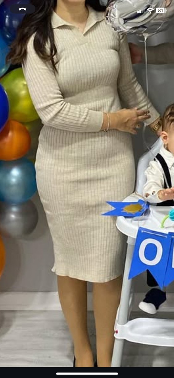 Bej Uzun Kollu Triko Kadın Elbise - Görsel 5