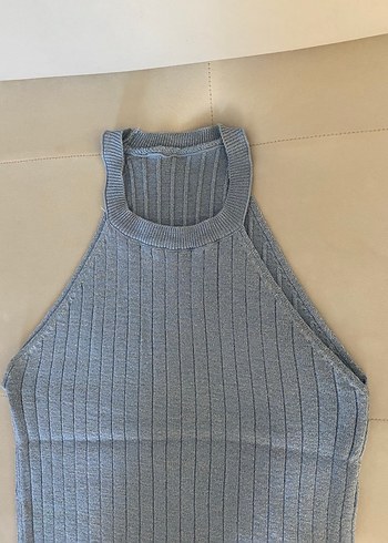 Mavi Yüksek Yakalı Örgü Kadın Atlet - Görsel 2