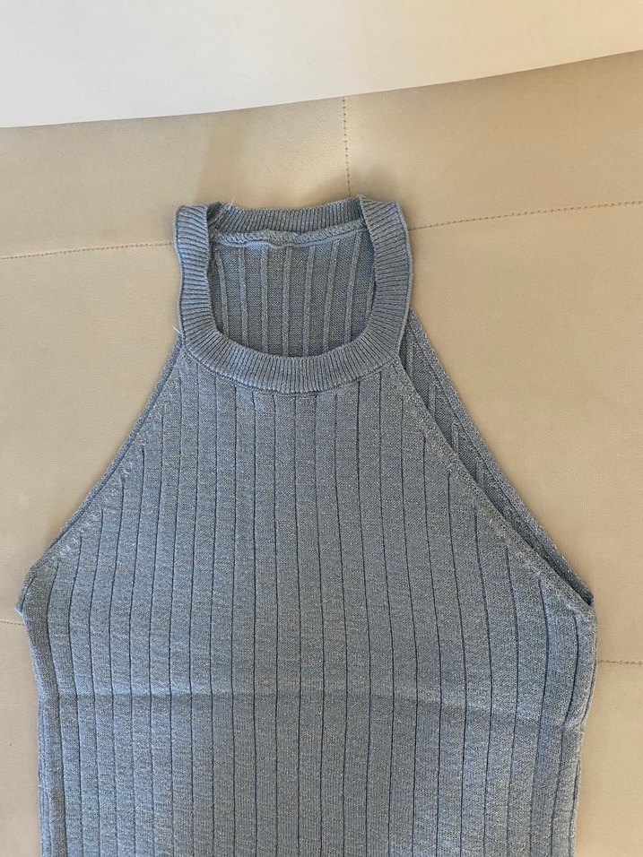 Mavi Yüksek Yakalı Örgü Kadın Atlet - Görsel 2