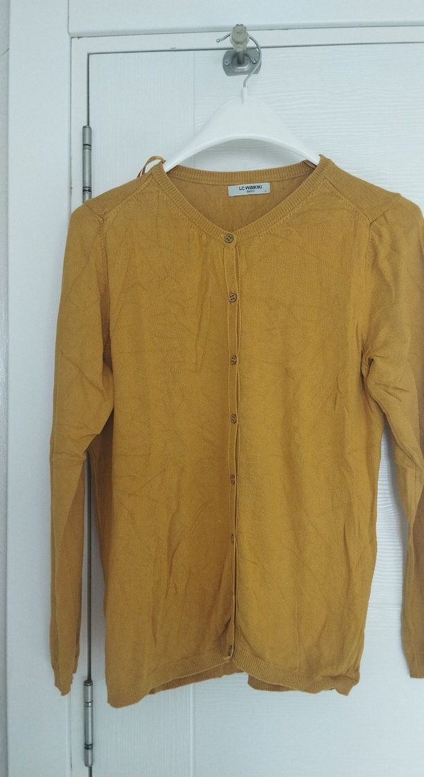 Düğmeli Sarı Kadın Keten Hırka - Görsel 2