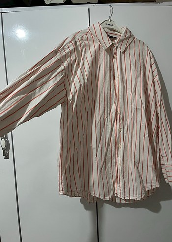 Kırmızı Çizgili Kadın Keten Gömlek - Görsel 2