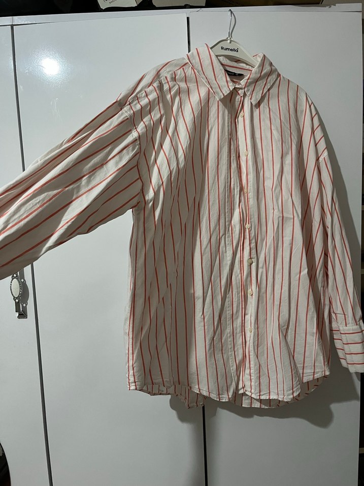 Kırmızı Çizgili Kadın Keten Gömlek - Görsel 2