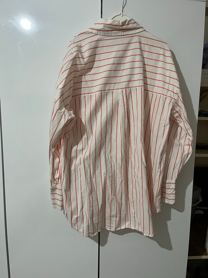 Kırmızı Çizgili Kadın Keten Gömlek - Görsel 3