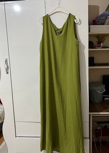 Yeşil Keten Salaş Uzun Elbise - Görsel 2