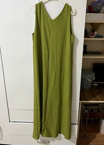 Yeşil Keten Salaş Uzun Elbise - Görsel 3