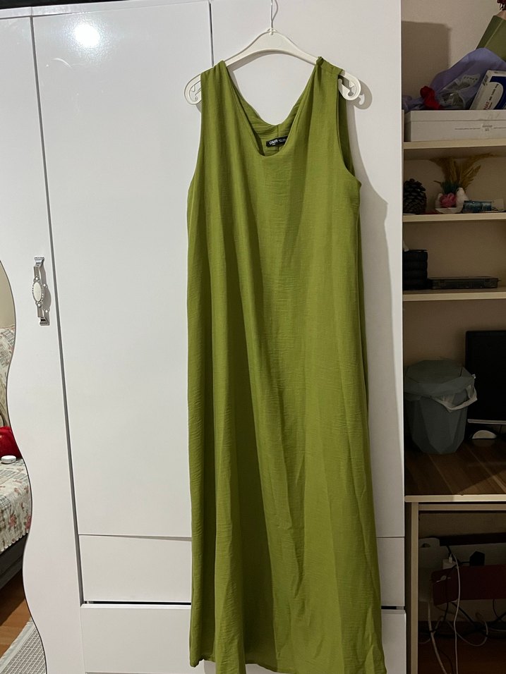 Yeşil Keten Salaş Uzun Elbise - Görsel 2