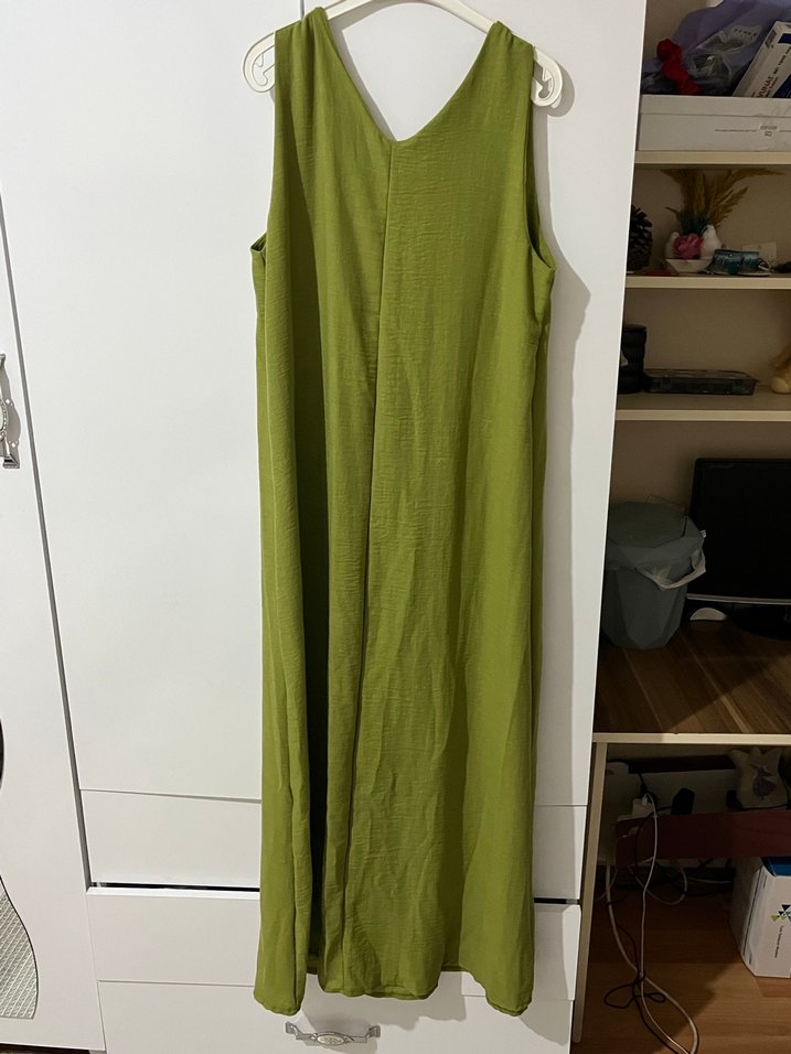 Yeşil Keten Salaş Uzun Elbise - Görsel 3