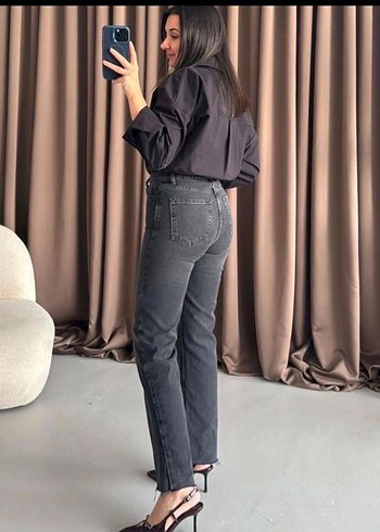 Zara Düğmeli Gri Batik Desenli Kadın Denim Pantolon