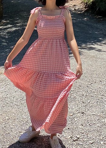 Trendyol & Milla Pembe Ekose Uzun Bohem Elbise