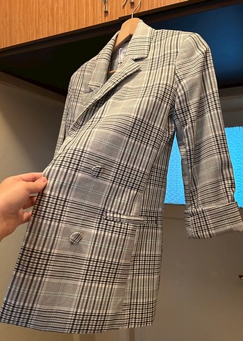 26 Beden gri Renk Bershka Ekose Midi Kadın Blazer