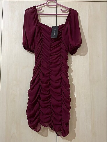 Bordo Drapeli Mini Elbise