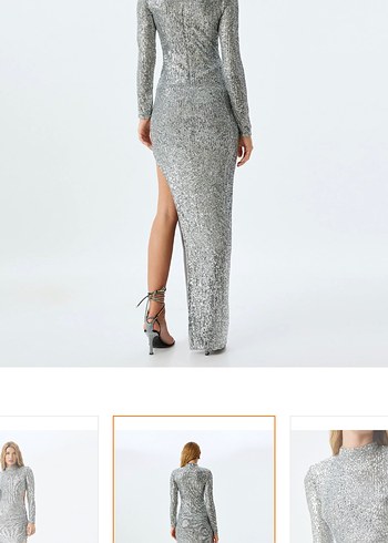 Gümüş Payetli Uzun Kollu Abiye Elbise - Görsel 5