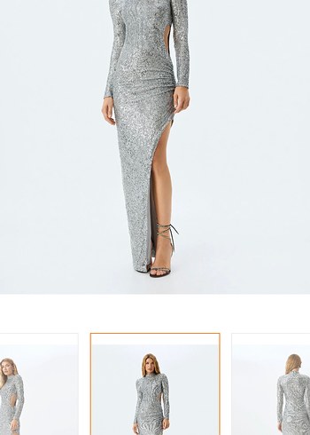 Gümüş Payetli Uzun Kollu Abiye Elbise - Görsel 4