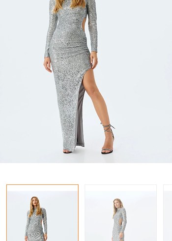 Gümüş Payetli Uzun Kollu Abiye Elbise - Görsel 2